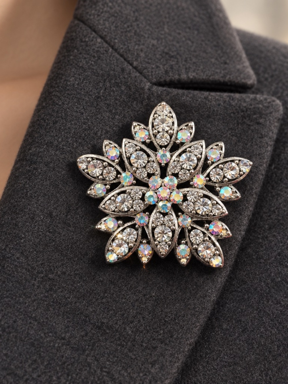 Silver Crystal Floral Brooch with Aurora Accents